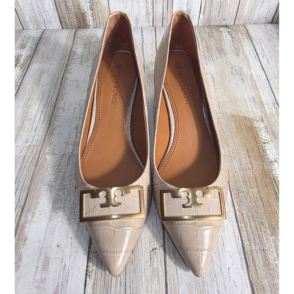 Tory Burch Eleanor Beige Croc Embossed Leather Pointed Toe Block Heel Pumps 5M - Picture 3 of 15